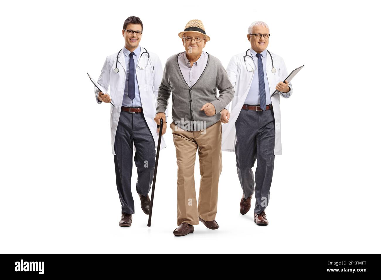 Full length portrait of an elderly man with a cane and male doctors