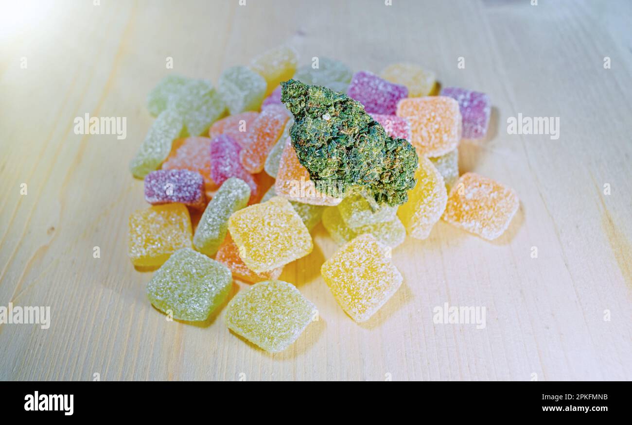 Medical Marijuana Edibles, Candies Infused with CBD HHC or THC Cannabis in food industry Stock Photo