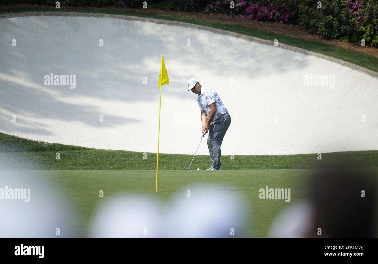 Augusta, United States. 07th Apr, 2023. Gary Woodland putts on the 13th green during the second round at the Masters tournament at Augusta National Golf Club in Augusta, Georgia on Friday, April 7, 2023. Photo by Bob Strong/UPI Credit: UPI/Alamy Live News Stock Photo