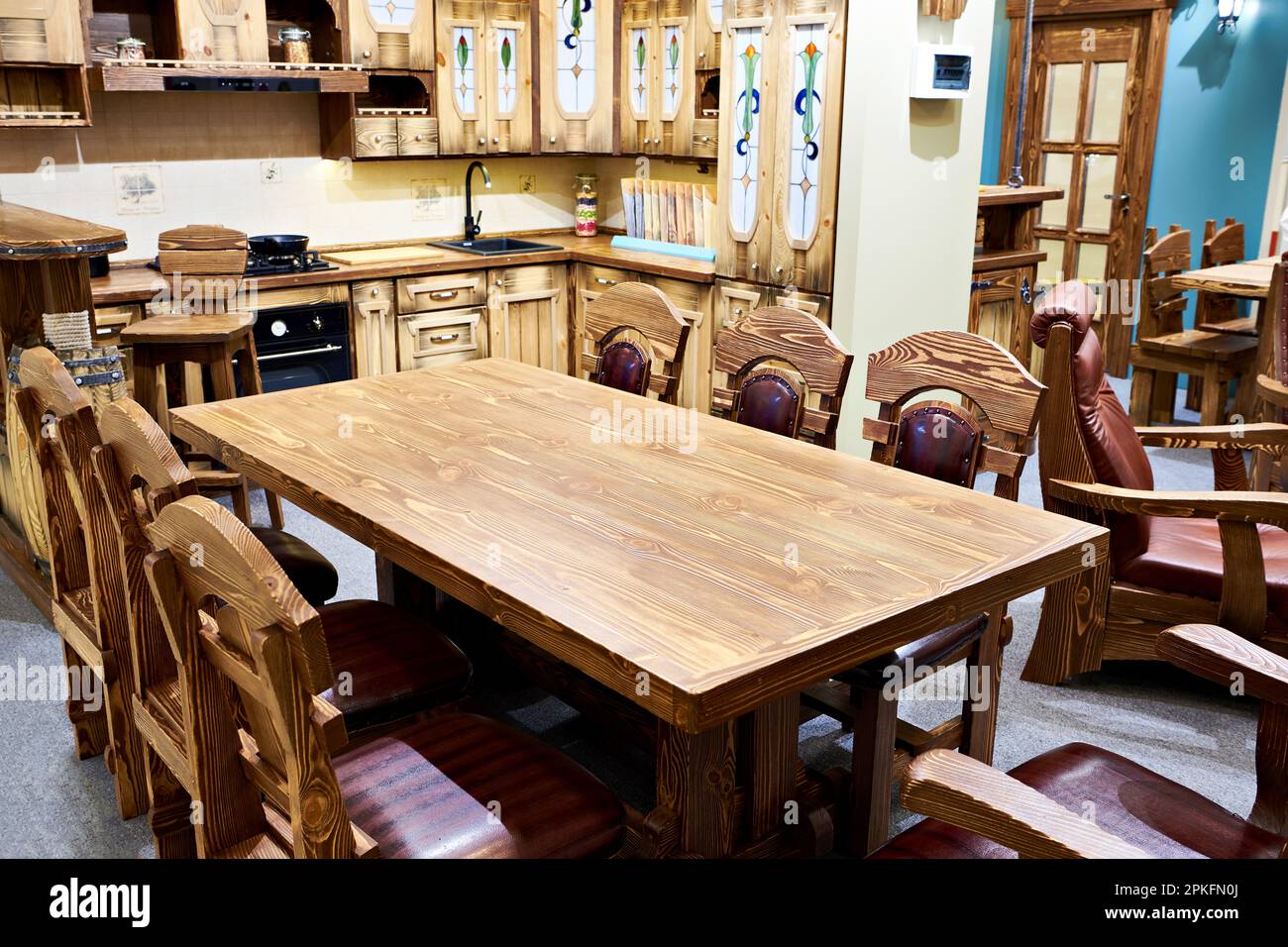 Natural wood kitchen furniture vintage oldfashioned Stock Photo Alamy