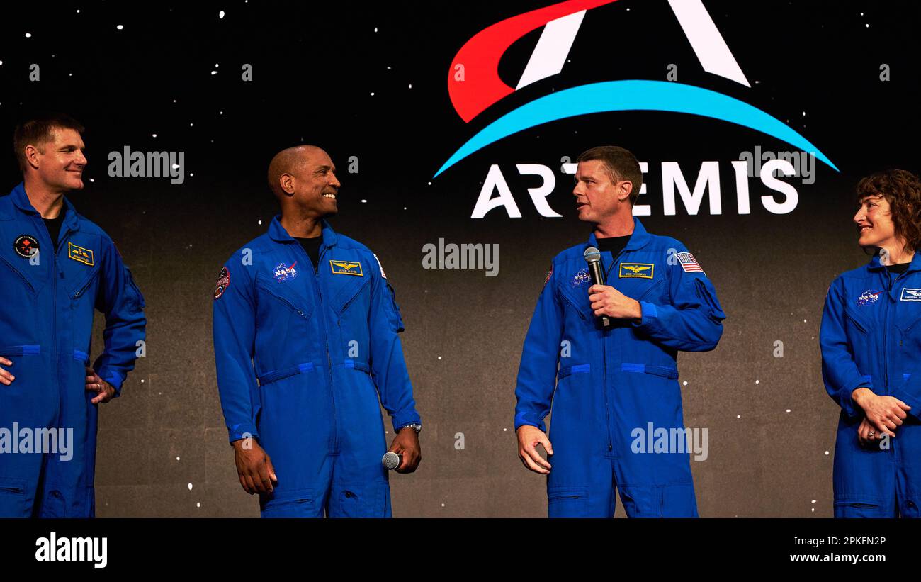 American astronaut, Artemis II Commander, Reid Wiseman gives remarks at NASA announcement event in Houston, U.S.A. 3 April 2023 Stock Photo