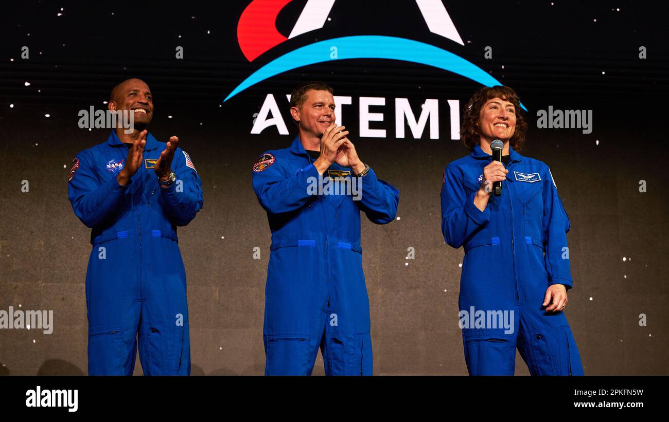 American astronaut, Artemis II Mission Specialist, Christina H. Koch gives remarks at NASA crew announcement event in Houston, U.S.A. 3 April 2023. Stock Photo