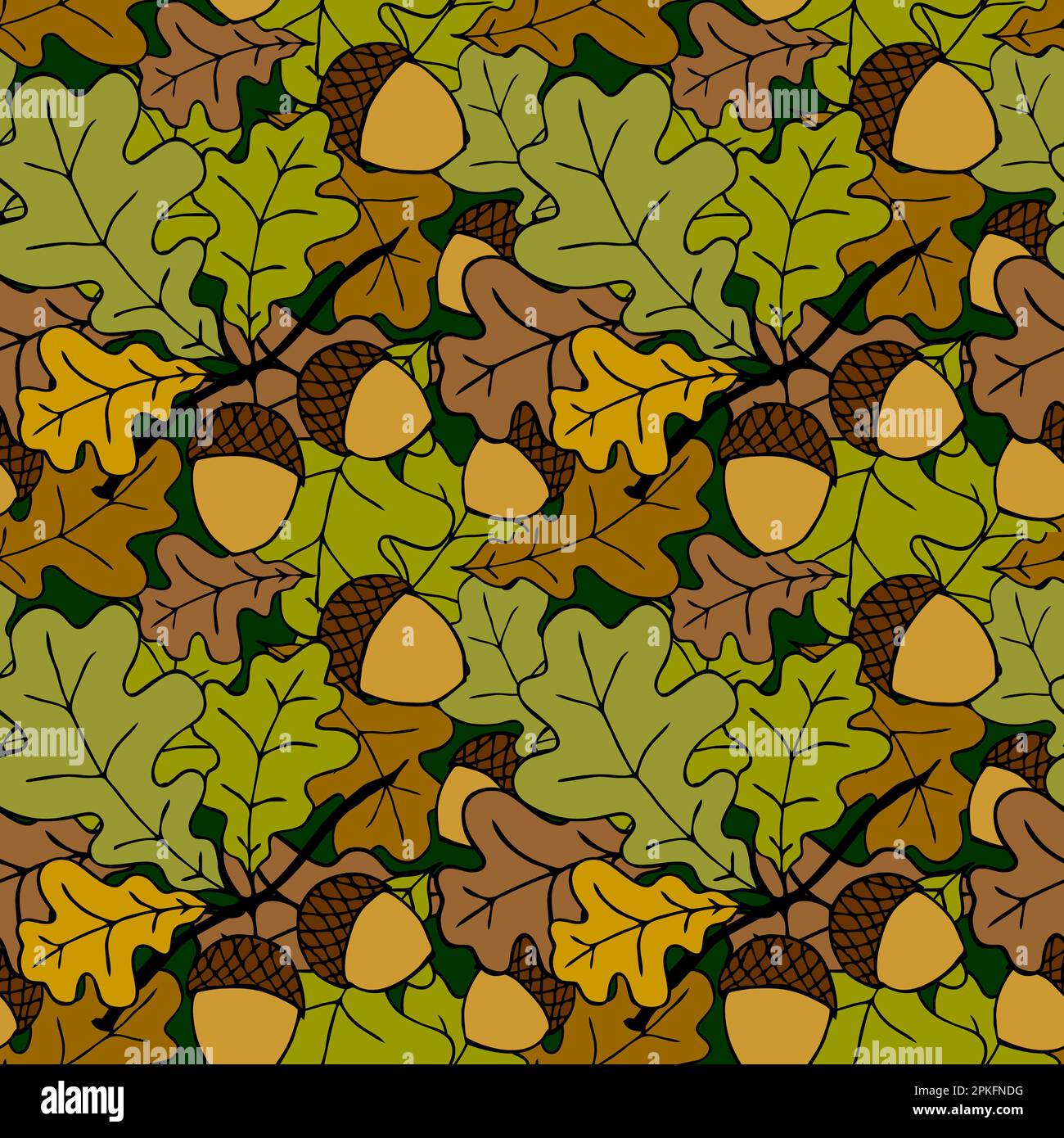 bright autumn seamless pattern of oak leaves and acorns on a green ...