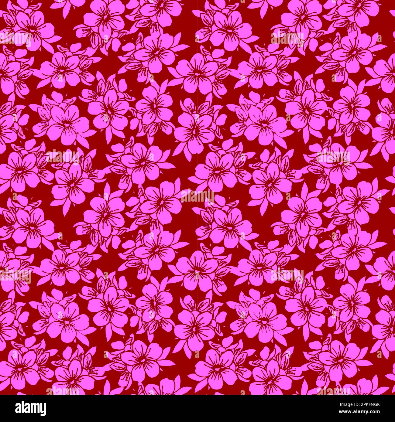 seamless pattern of pink silhouettes of flowers on a red background, texture, design Stock Photo