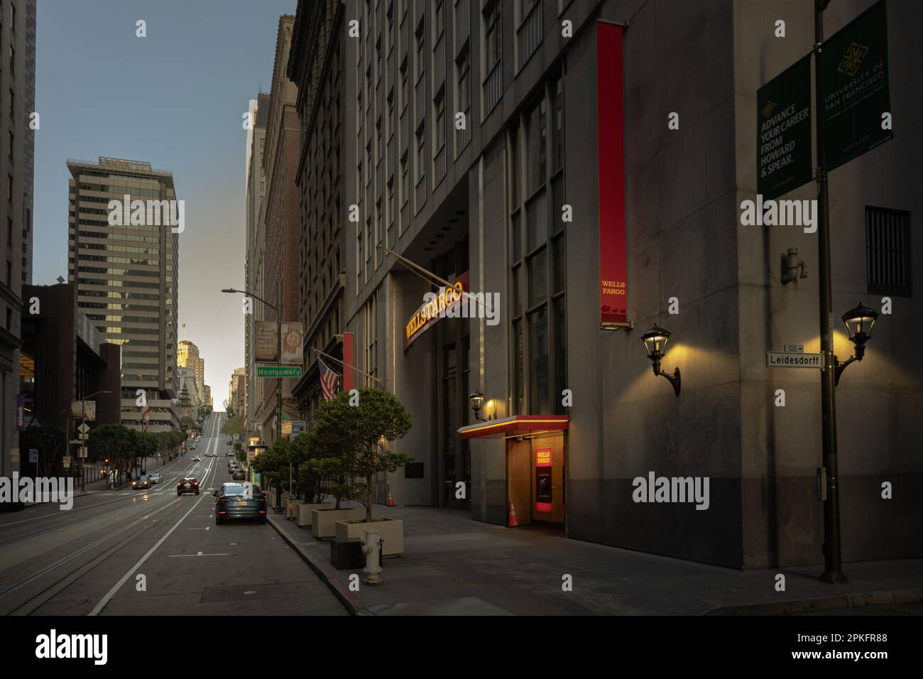 Morning view of Wells Fargo Bank headquarters on Montgomery Street in