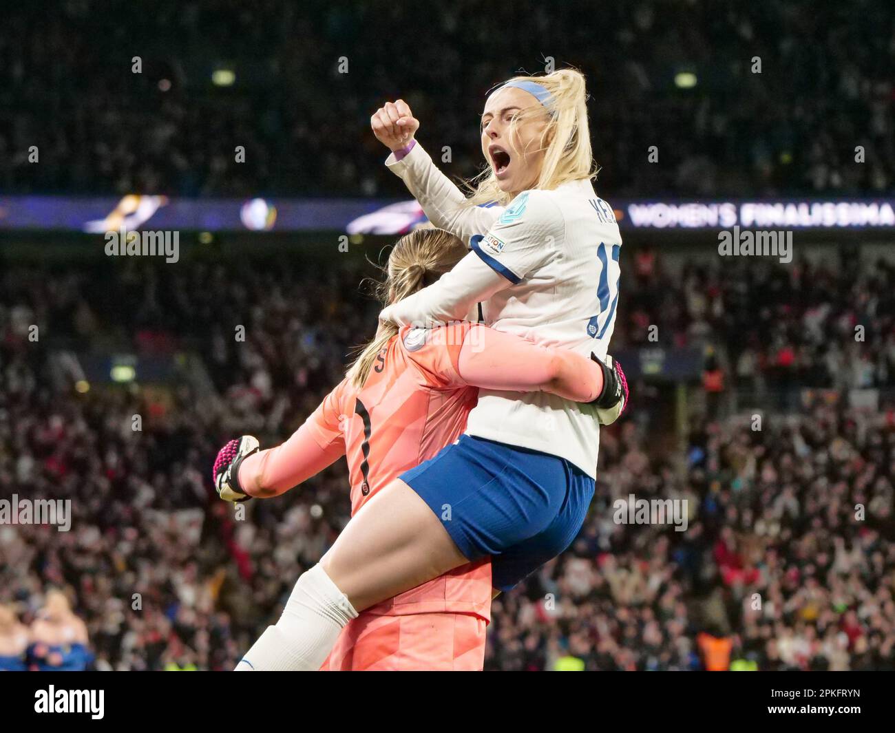 Wembley Stadium, London, UK. 6th Apr, 2023. Mary Earps (England 1) and ...