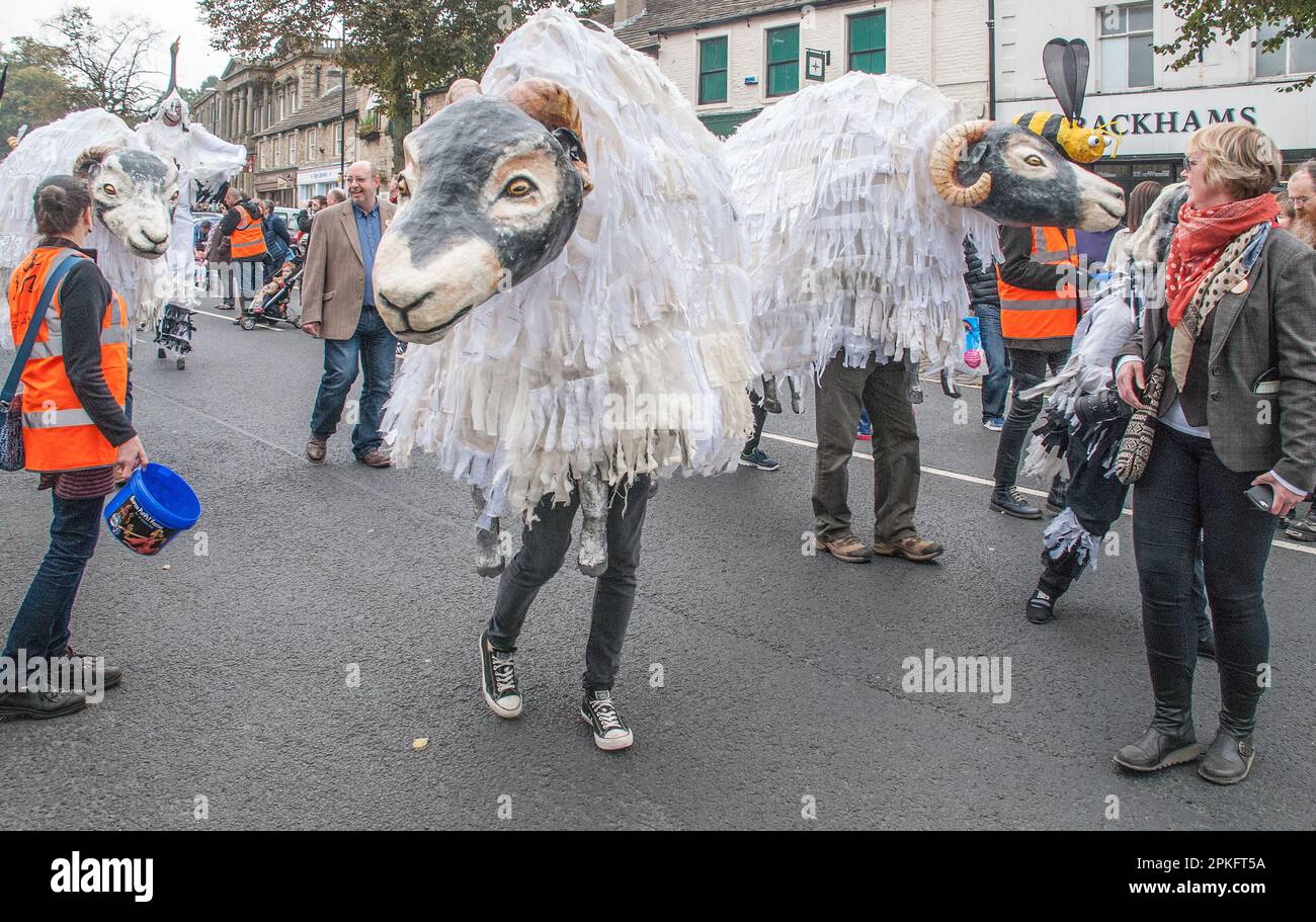 Giant Swaledale sheep entertaining the crowds at the Skipton Puppet Festival in 2015. Stock Photo