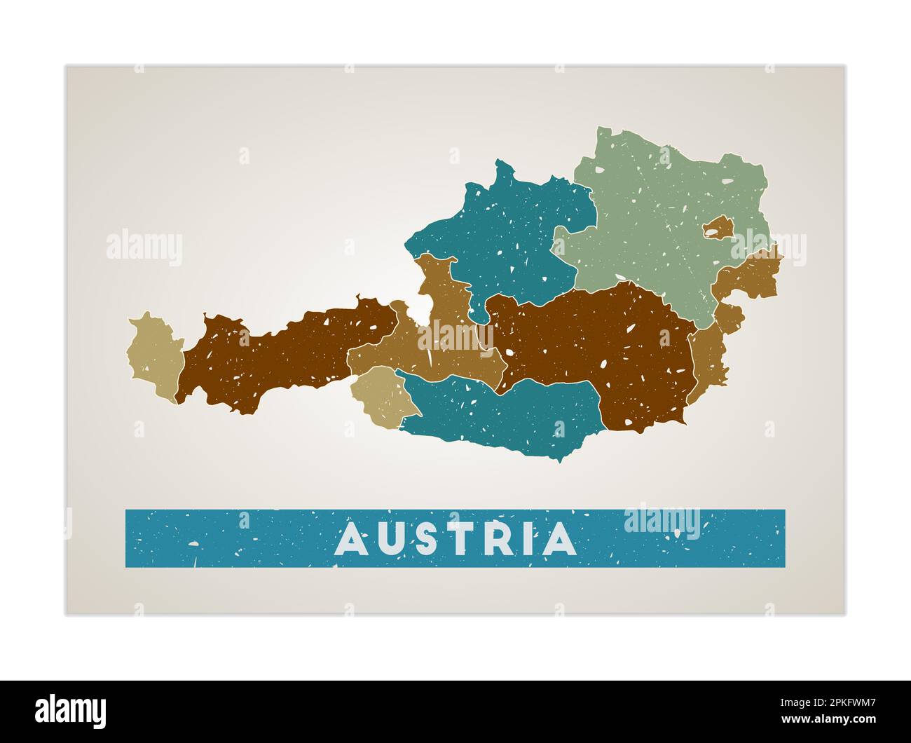 Austria map. Country poster with regions. Old grunge texture. Shape of Austria with country name. Neat vector illustration. Stock Vector