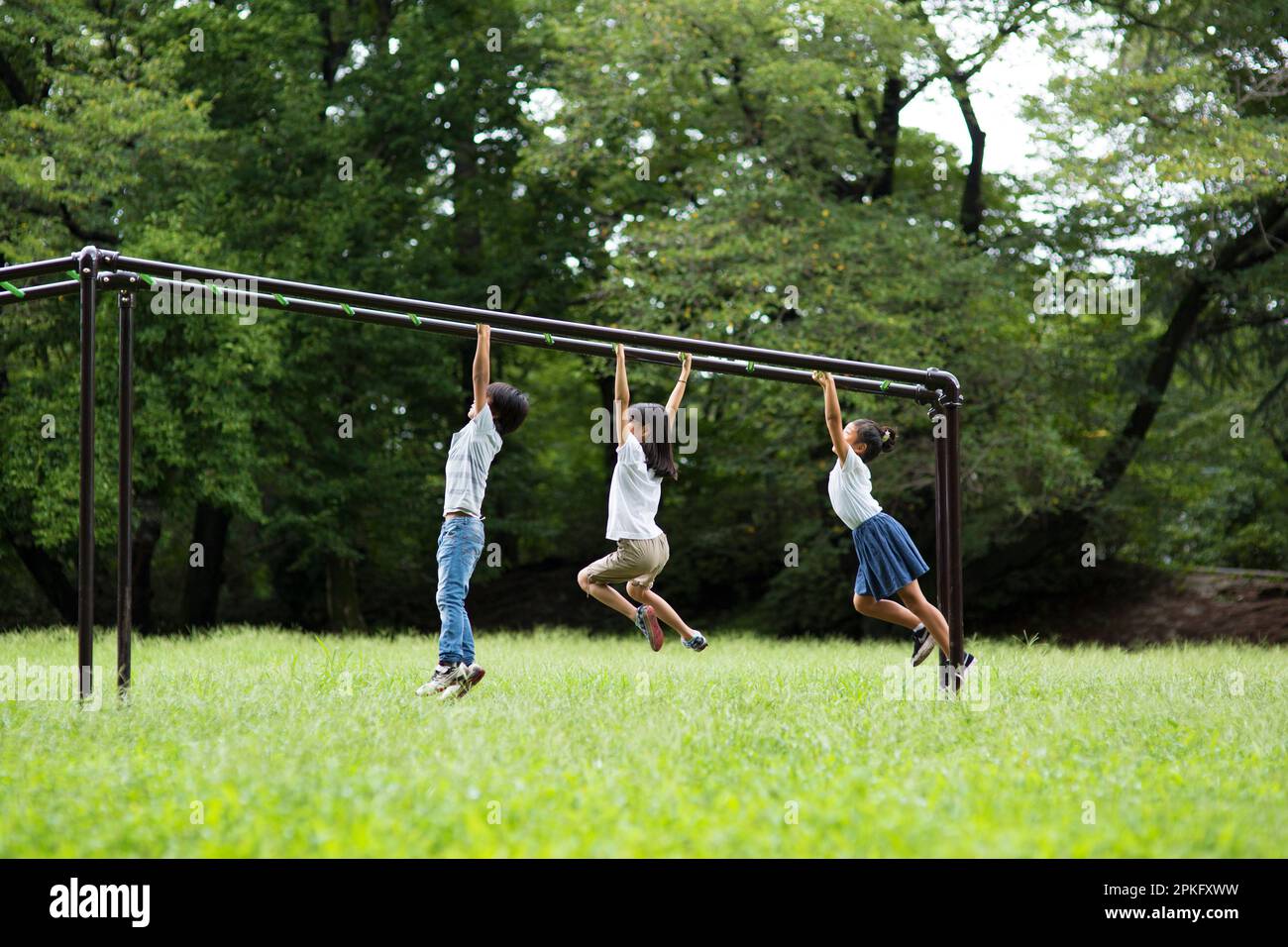 Elementary school children playing with a cloud ladder Stock Photo