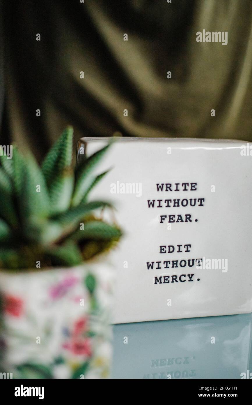 A vibrant potted cactus displayed on a background of a motivational quote  "Write without fear. Edit without mercy Stock Photo - Alamy