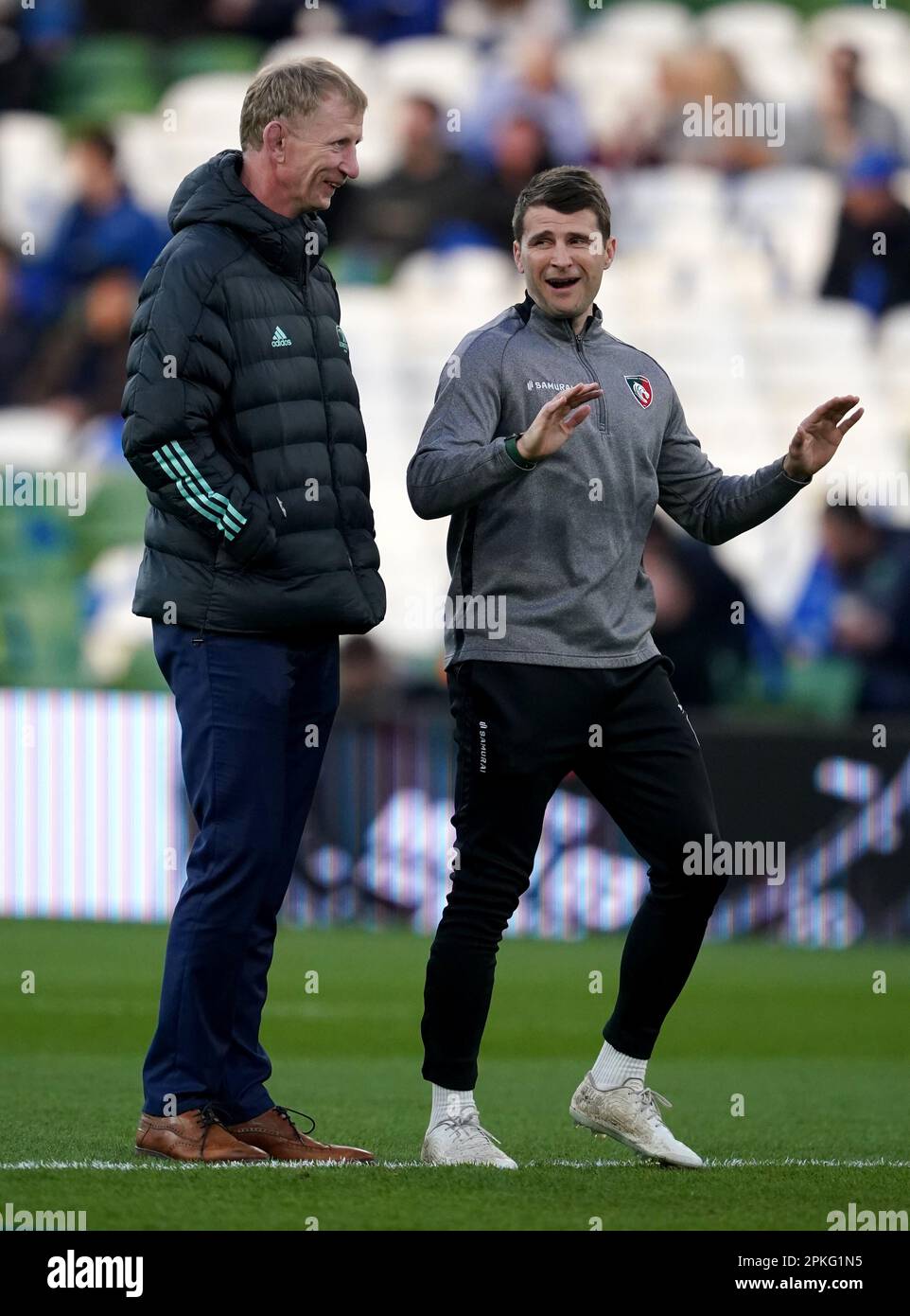 Leicester Tigers interim head coach Richard Wigglesworth (right) speaks