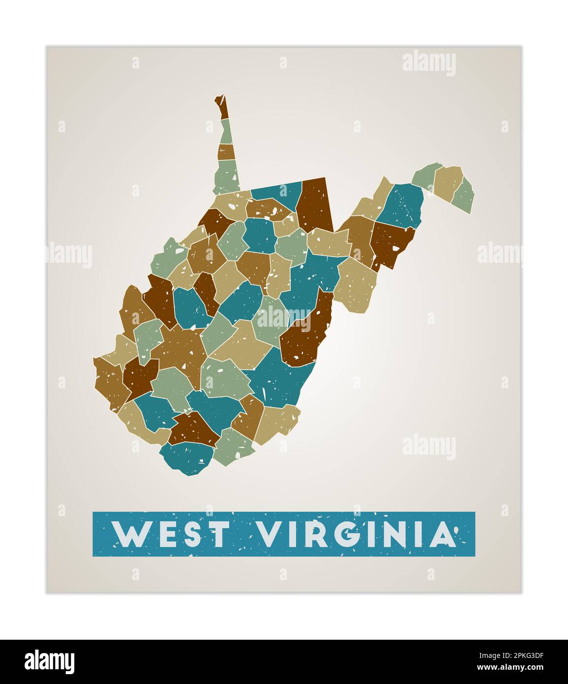 West Virginia map. Us state poster with regions. Old grunge texture. Shape of West Virginia with us state name. Appealing vector illustration. Stock Vector