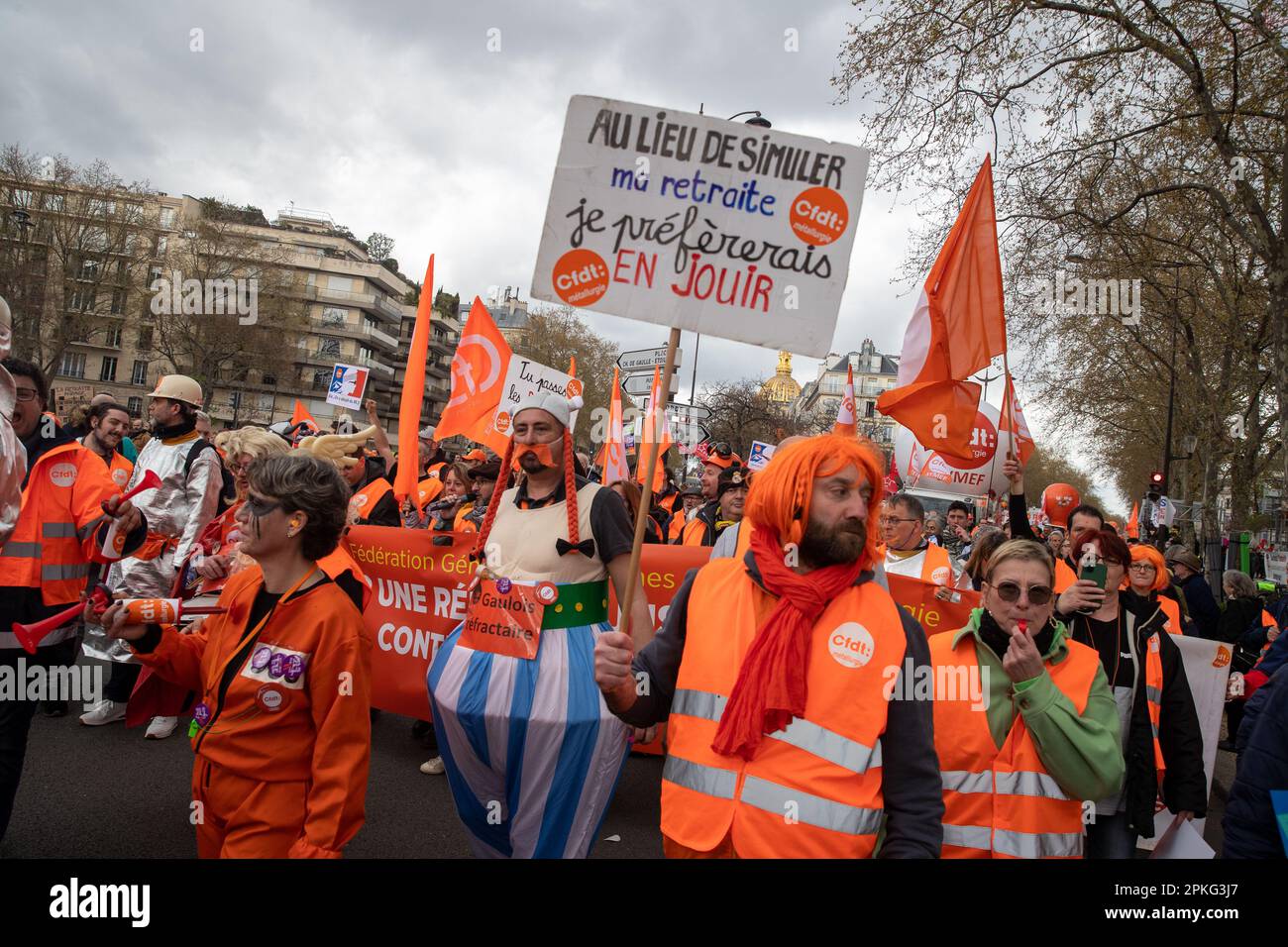 PARIS, France. 6th Apr, 2023. Protests continue against the government after pushing the pensions reform without a vote using article 49.3 of the constitution and surviving a no-confidence motion in parliament. Credit: Lucy North/Alamy Live News Stock Photo