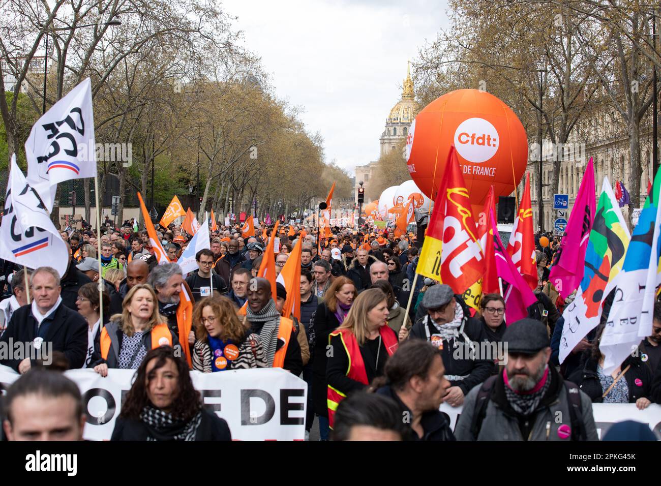 PARIS, France. 6th Apr, 2023. Protests in Paris continue against the government after they pushed the pensions reform bill without a vote using article 49.3 of the constitution and surviving a no-confidence motion in parliament Credit: Lucy North/Alamy Live News Stock Photo