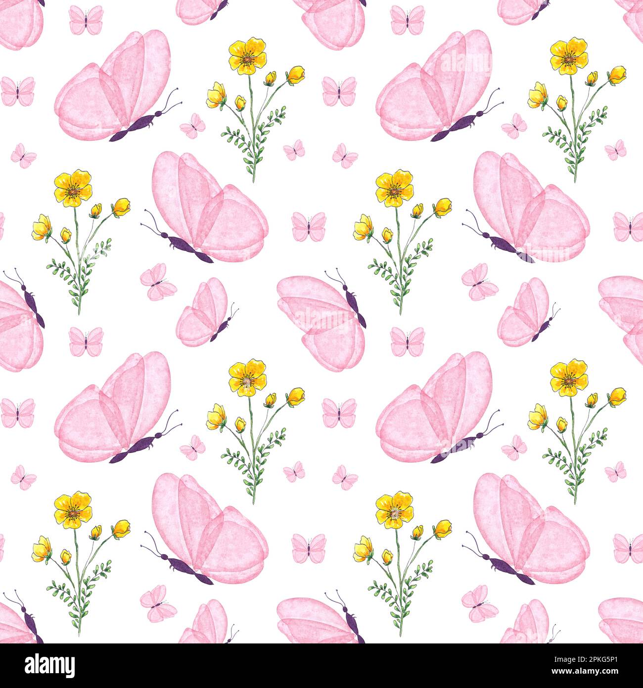 Watercolor seamless pattern wildflowers, pink butterfly on white ...