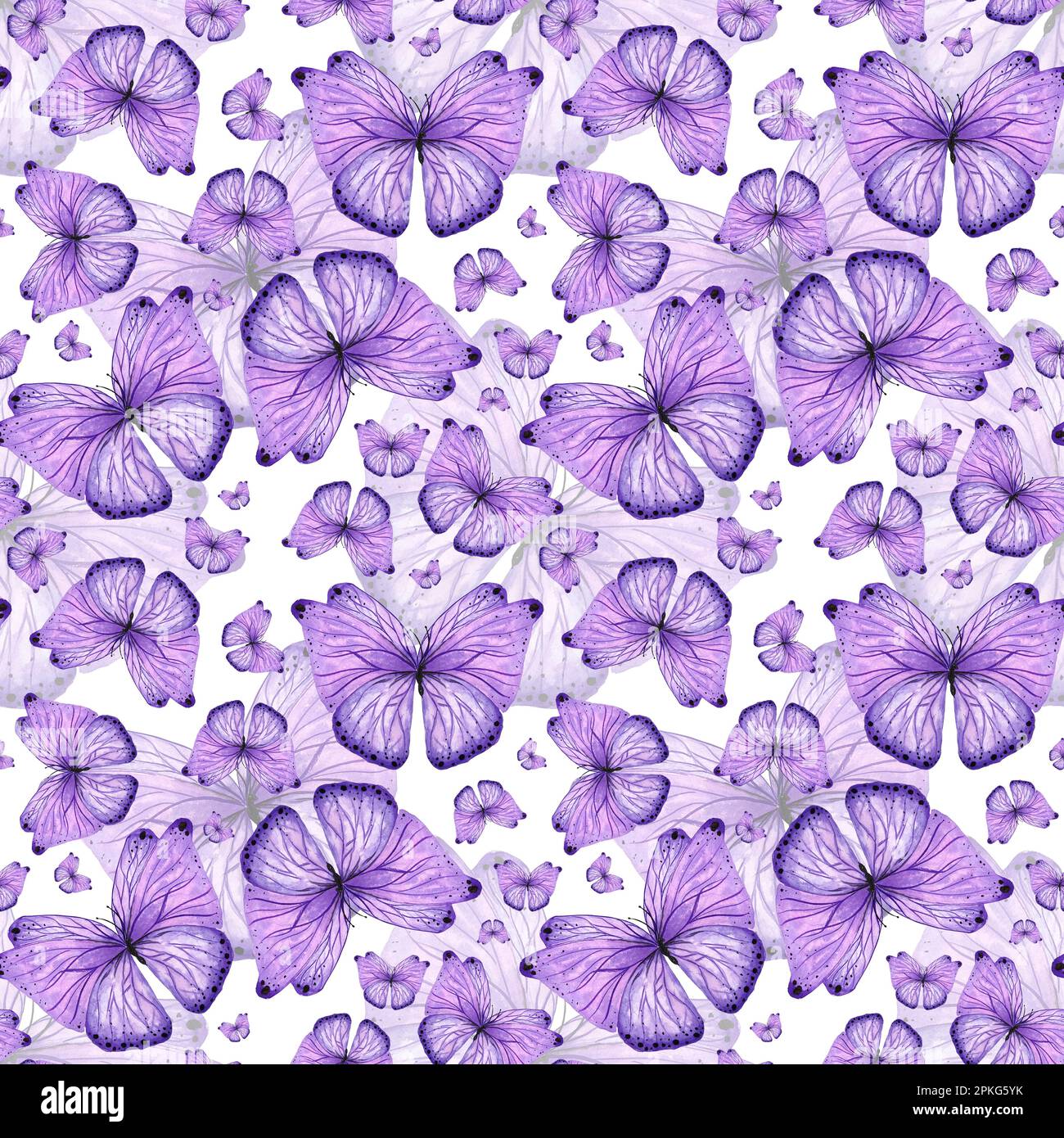 Watercolor seamless pattern purple butterfly on black background, hand ...