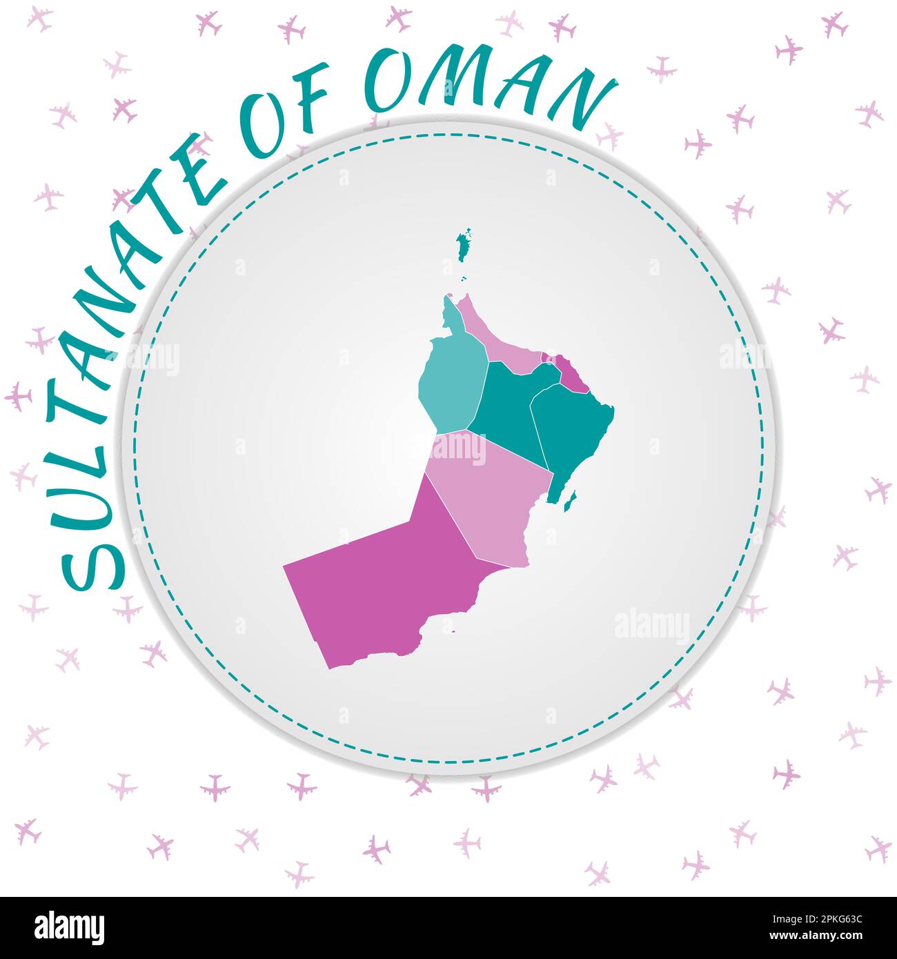 Oman map design. Map of the country with regions in emeraldamethyst color palette. Rounded
