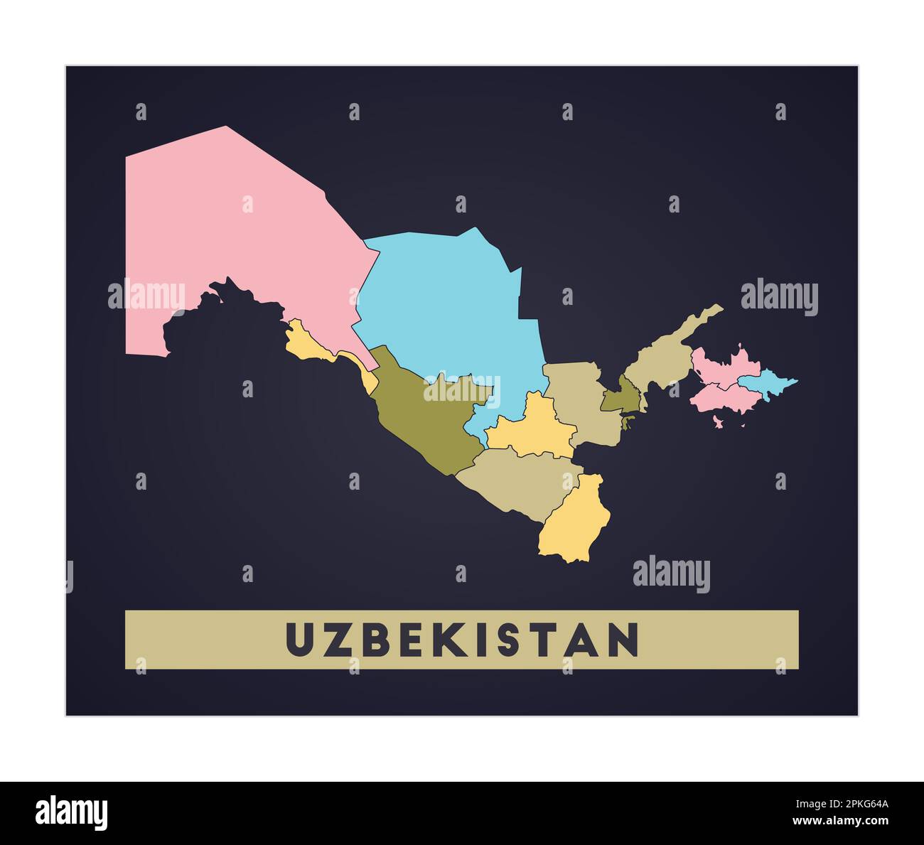Uzbekistan map. Country poster with regions. Shape of Uzbekistan with country name. Awesome