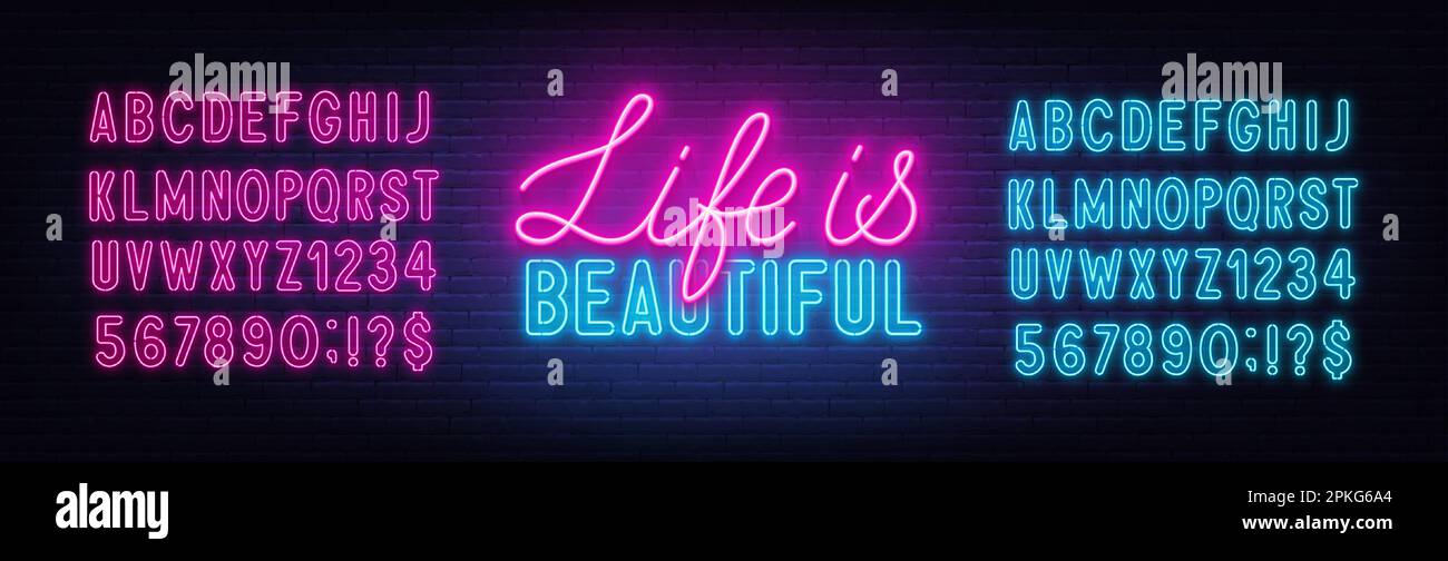 Life is Beautiful neon lettering on brick wall background Stock Vector