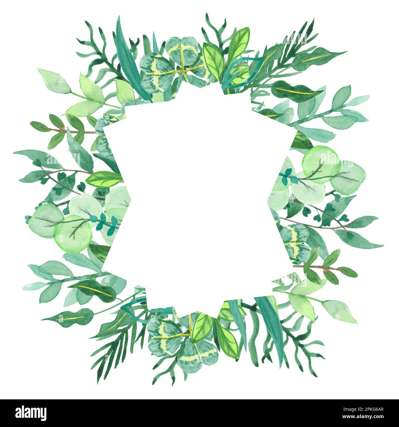 Watercolor frame with wildflowers, hand-painted in botanical style for holiday and wedding cards. Border of green leaves isolated on white background Stock Photo