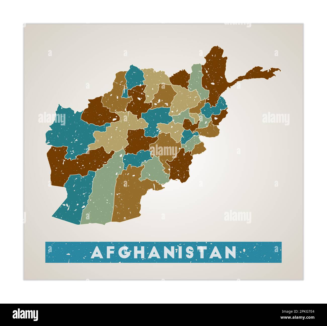Afghanistan map. Country poster with regions. Old grunge texture. Shape