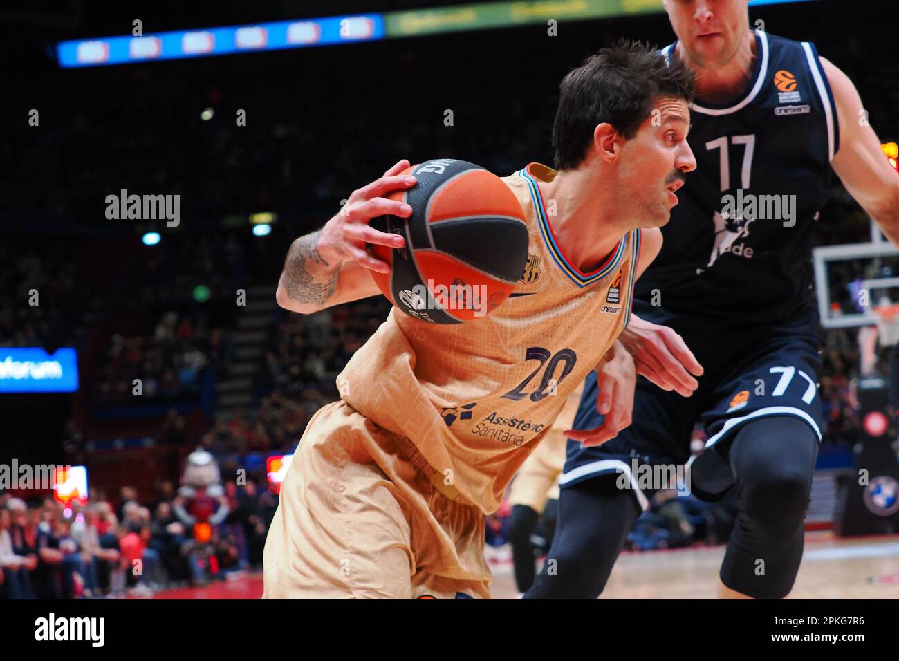 Milan, Italy. 07th Apr, 2023. Nicolas Laprovittola (FC Barcellona) thwarted by Johannes