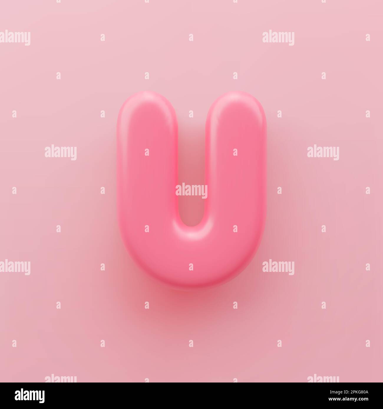 3D Pink uppercase letter U with a glossy surface on a pink background. Stock Vector