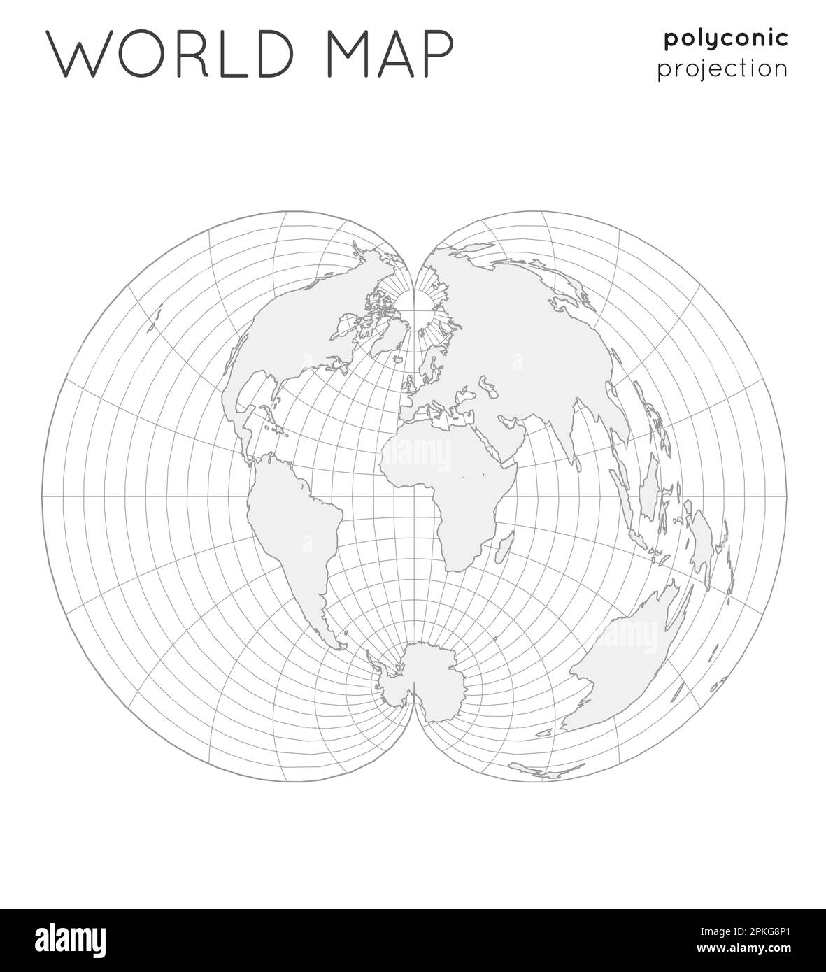 World map. Globe in polyconic projection, with graticule lines style ...