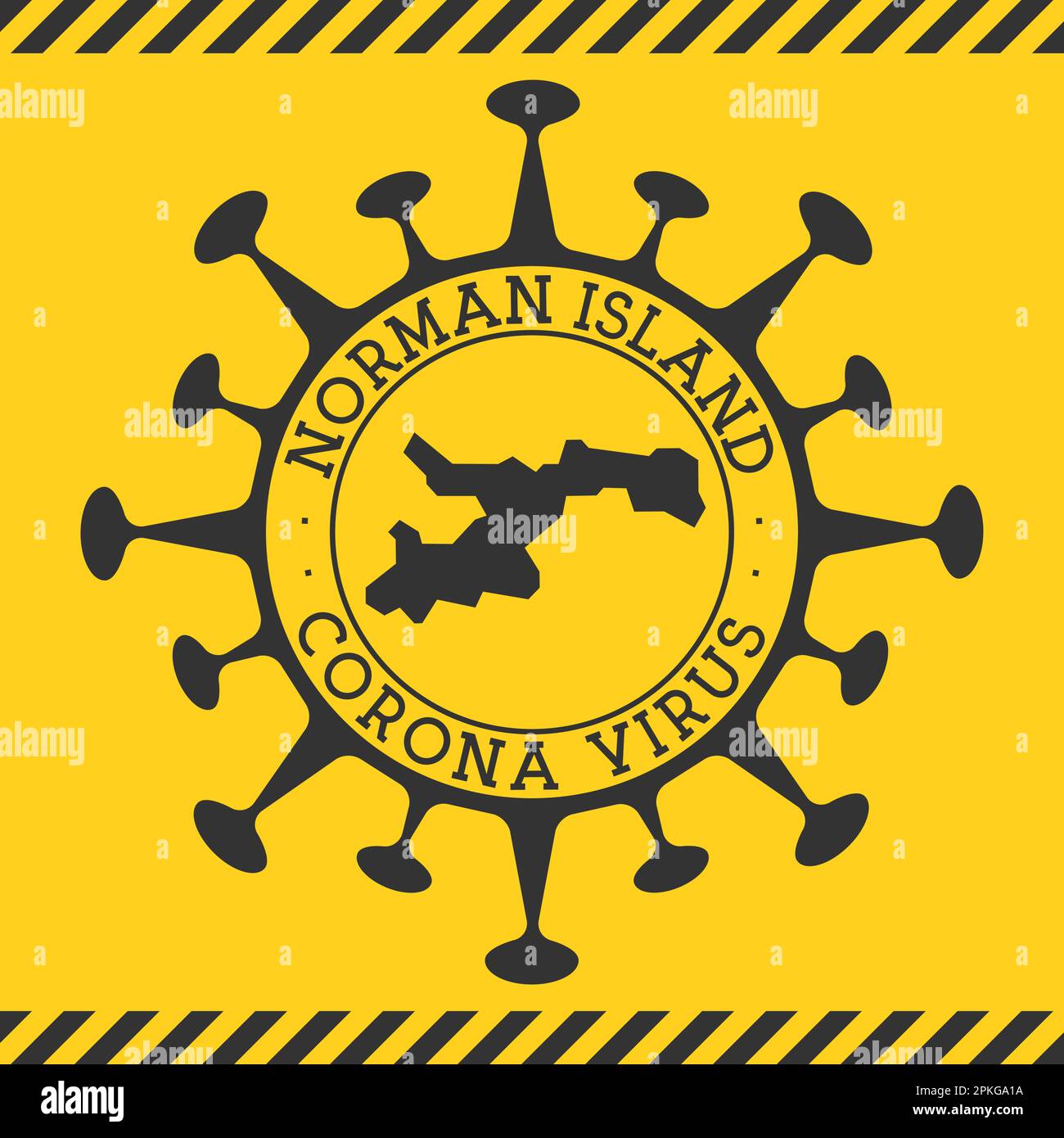 Corona virus in Norman Island sign. Round badge with shape of virus and Norman map. Yellow island epidemy lock down stamp. Vector illustration. Stock Vector