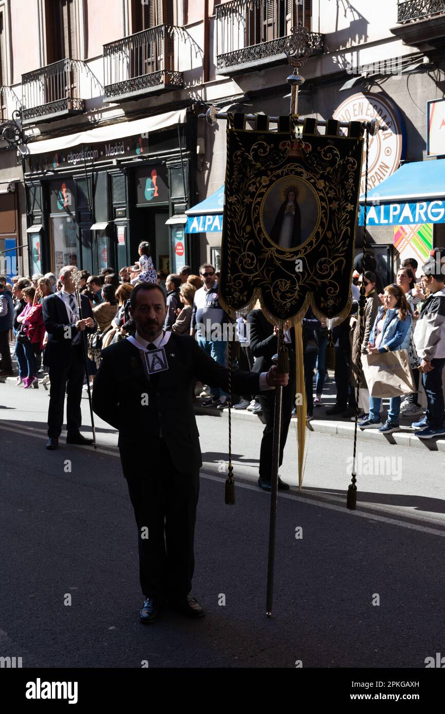 Madrid, Spain; April 2, 2023: Procession of Holy Week on Palm Sunday, colloquially called 'el borriquito' (the little donkey). Banner of the Virgin Ma Stock Photo