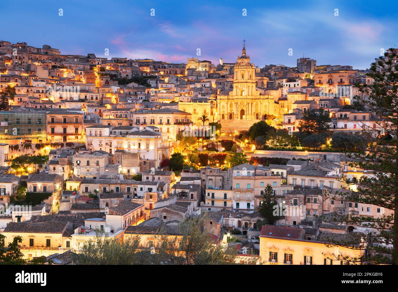 Modica, Sicily, Italy with the Cathedral of San Giorgio at twilight. Stock Photo