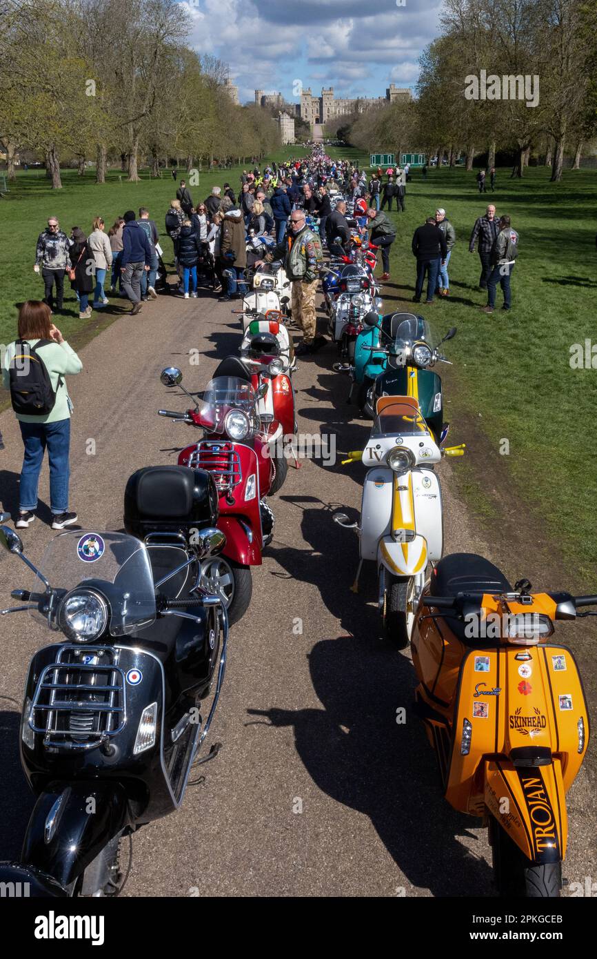Windsor, UK. 7th April, 2023. Motor scooters are pictured parked on the