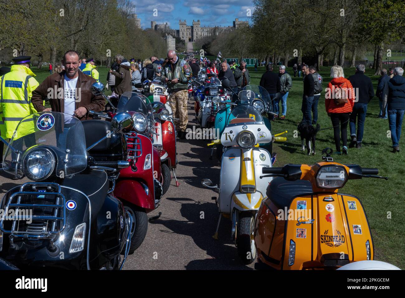 Windsor, UK. 7th April, 2023. Motor scooters are pictured parked on the