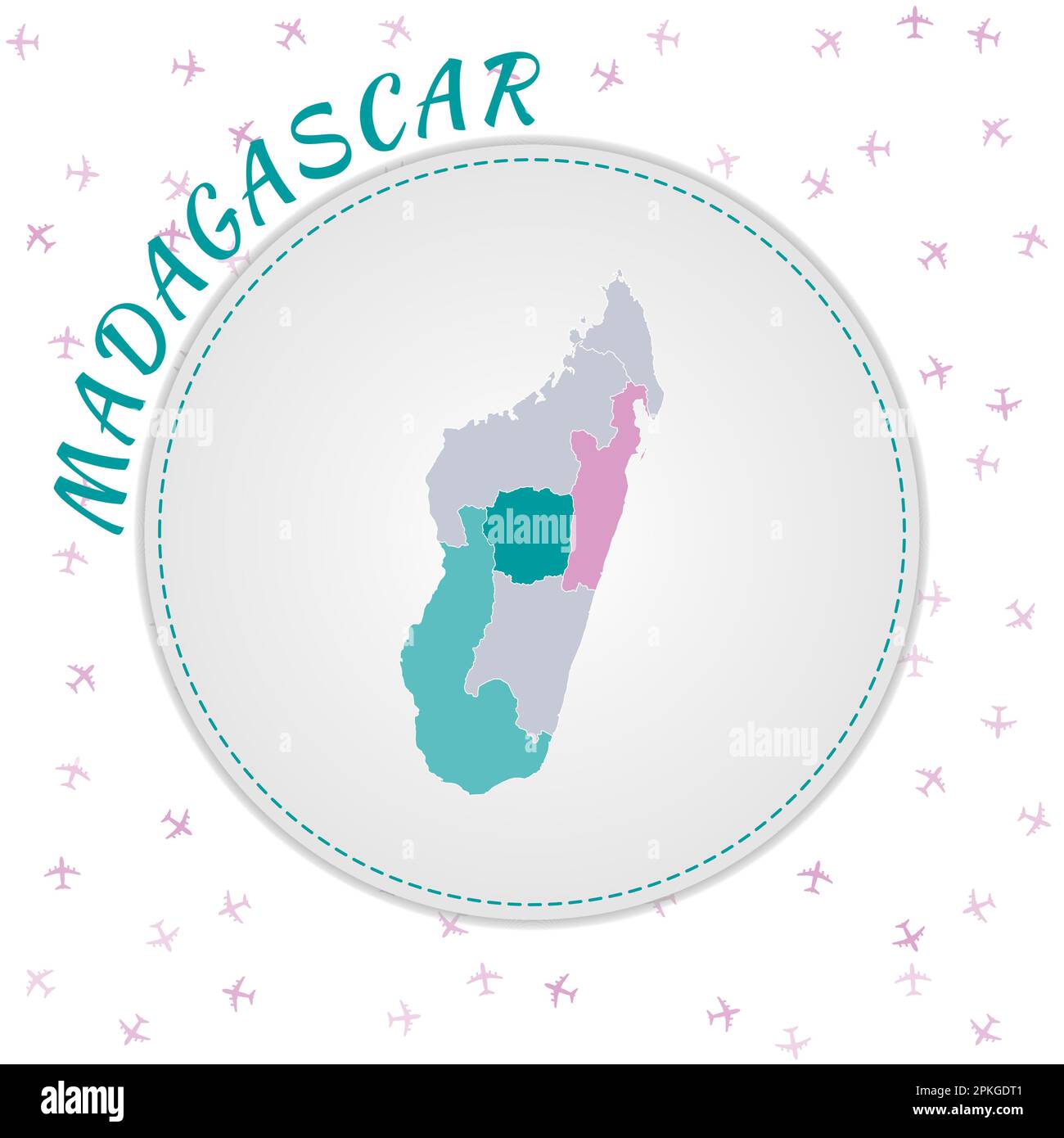 Madagascar map design. Map of the country with regions in emerald-amethyst color palette. Rounded travel to Madagascar poster with country name and ai Stock Vector