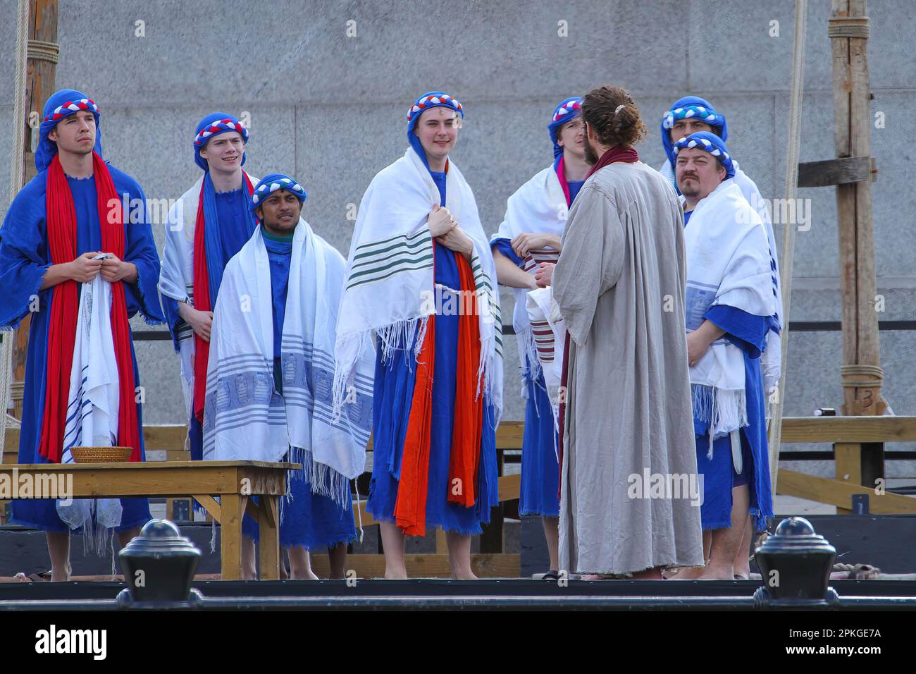 London, UK. 07th Apr, 2023. Jesus and his disciples prepare for the passover feast. The Wintershall players based in Surry have for 11 years taken the Passion of Christ to thousands of people in Trafalgar Square on Good Friday. Credit: SOPA Images Limited/Alamy Live News Stock Photo