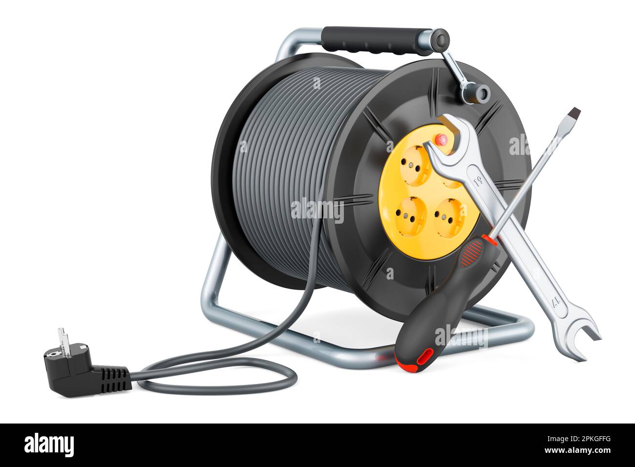 Extension cord reel on white floor indoors, space for text. Electrician's  equipment Stock Photo - Alamy