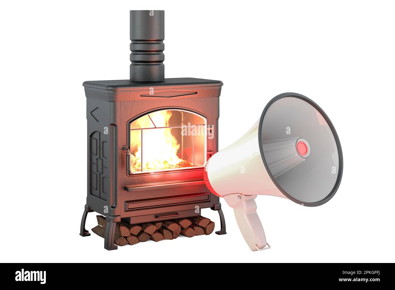 Potbelly stove, wood burner stove with megaphone, 3D rendering isolated