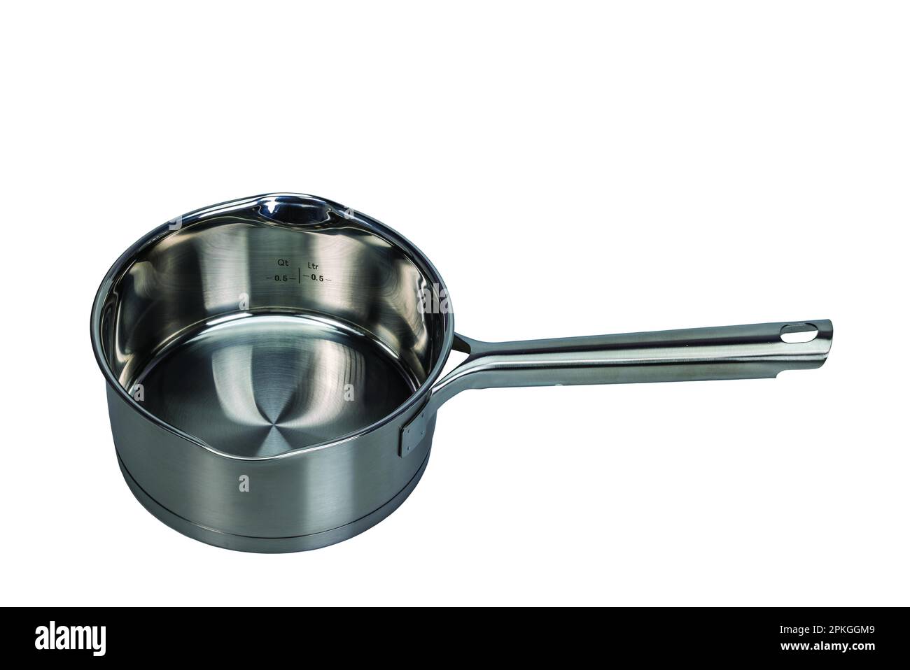 Close-up view of 0.5 liter stainless steel cooking pot isolated on white background. Sweden. Stock Photo