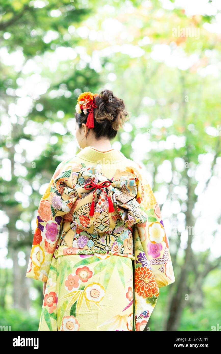 Rear view of woman in kimono standing in forest Stock Photo