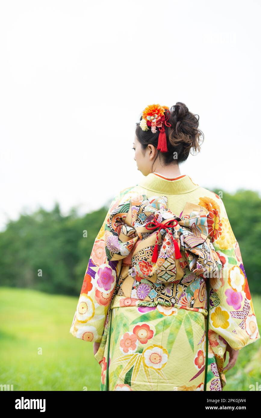 Rear View of Woman in Kimono Stock Photo