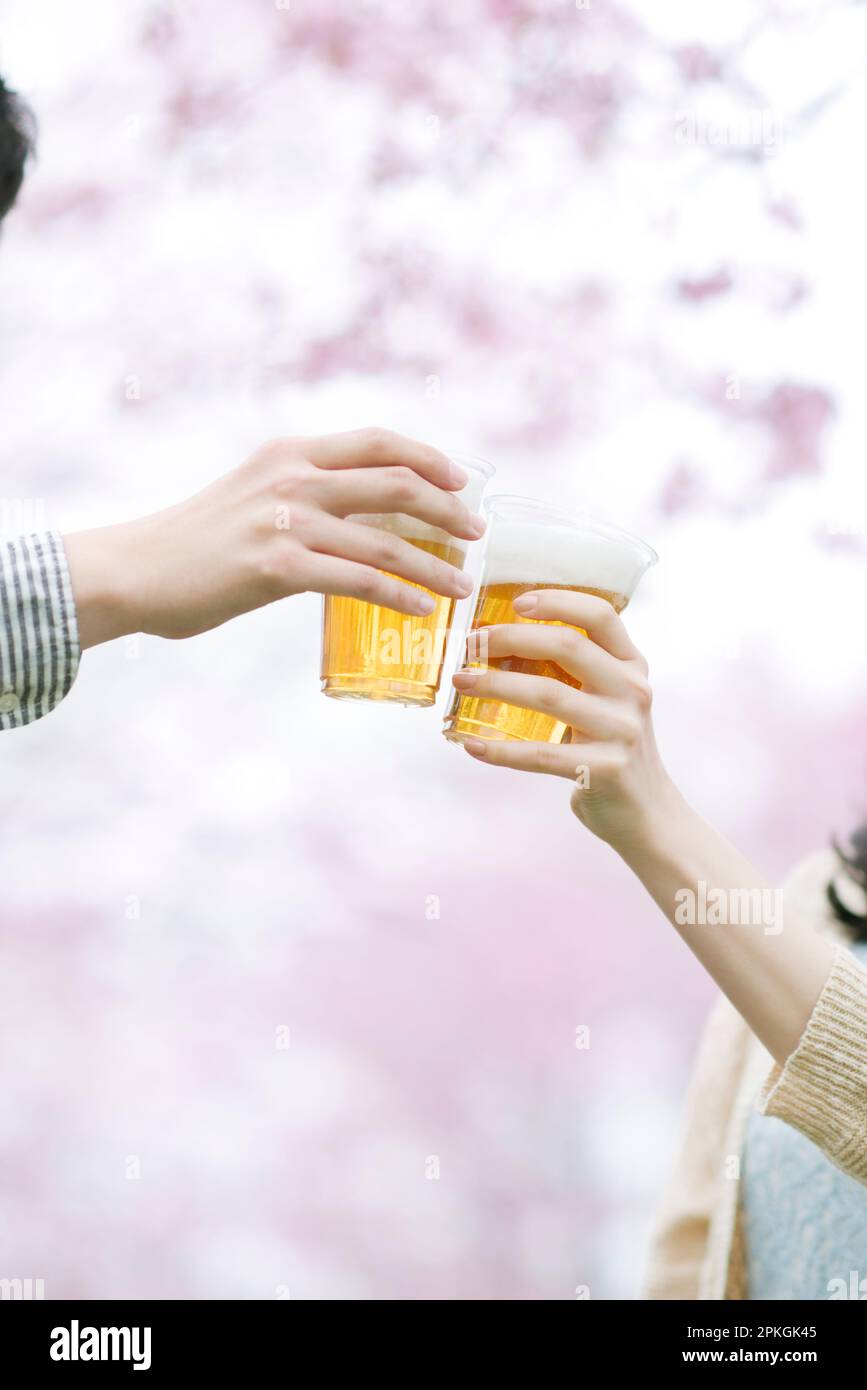 Hands toasting in front of cherry blossoms Stock Photo