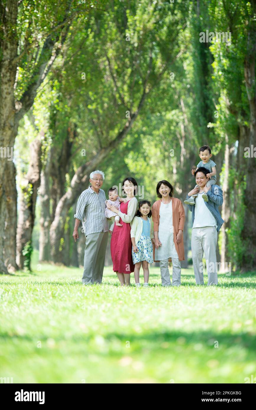 A family of three generations smiling at the poplar-lined avenue of ...