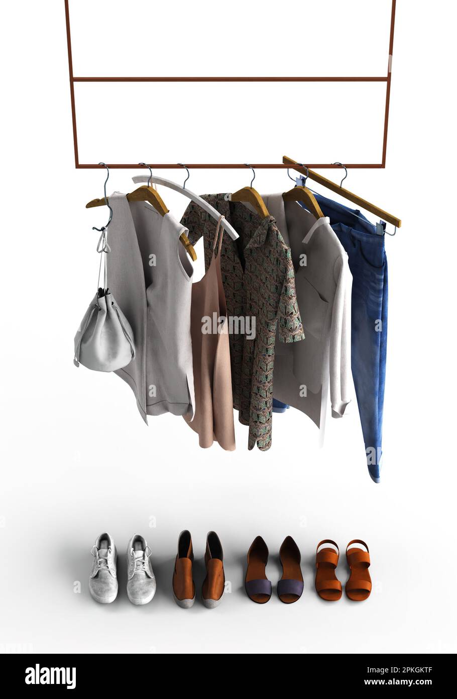 A selection of colorful jackets and shoes on display in a retail store, 3D rendered Stock Photo