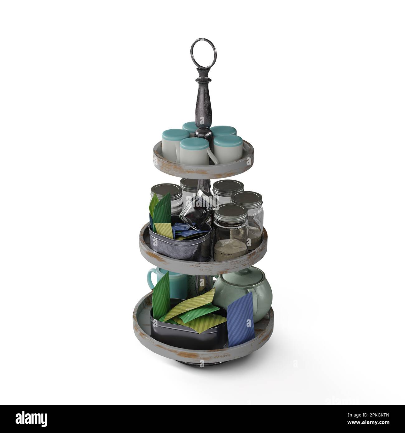 A threetiered cup stand featuring various containers for seasonings