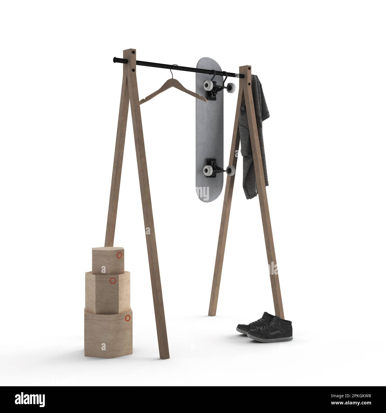 A skateboard hangs suspended above three cardboard boxes, attached to a metal hanger, 3D