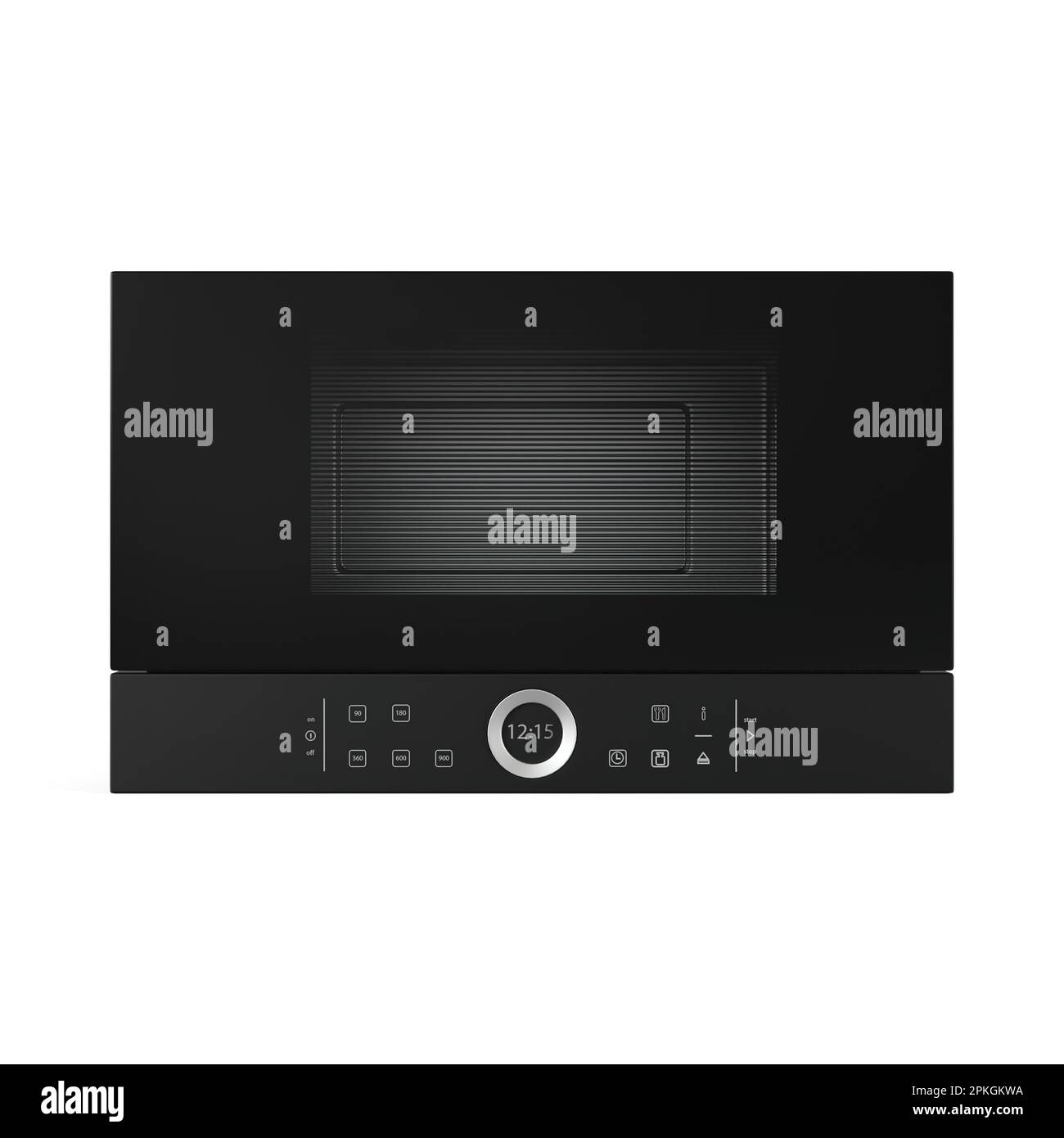 A modern microwave oven on a pristine white background featuring its