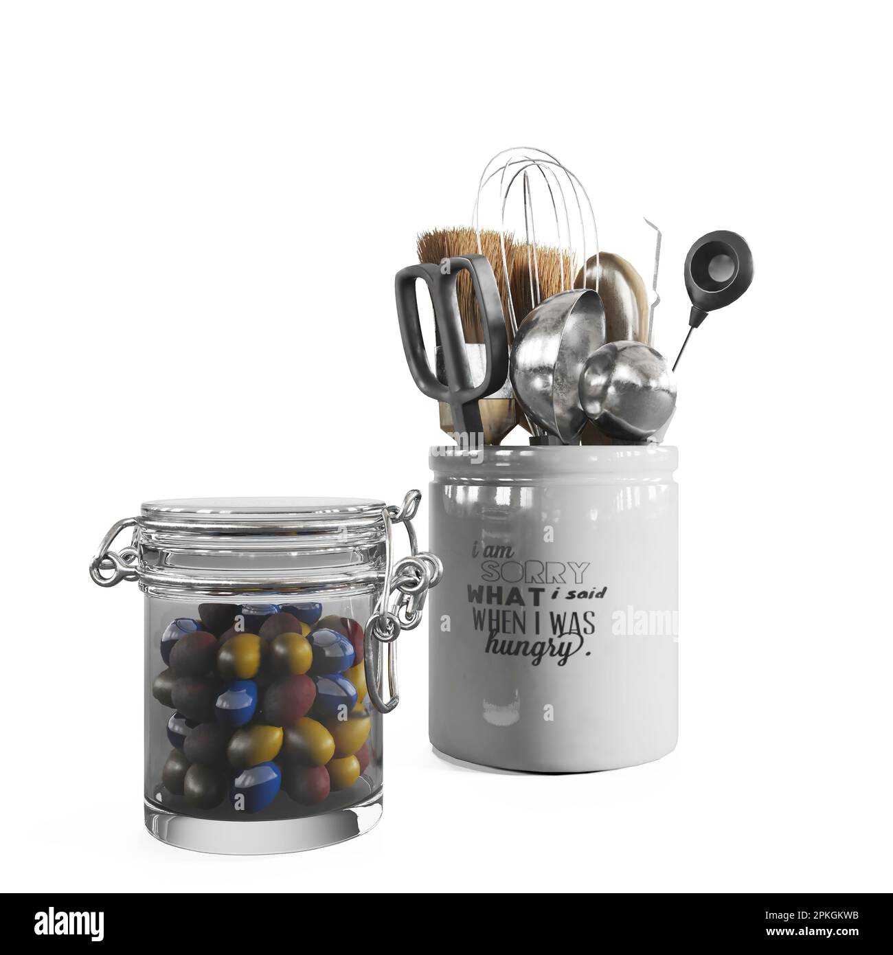 An assorted collection of kitchen tools and utensils, and colored candy