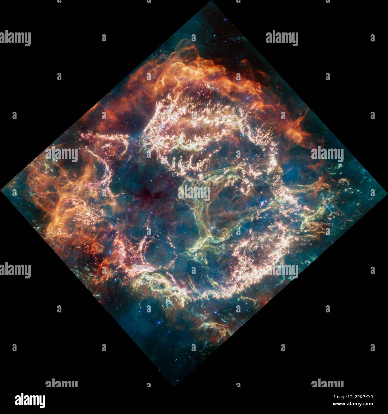 Space. 7th Apr, 2023. The explosion of a star is a dramatic event, but the remains the star leaves behind can be even more dramatic. A new mid-infrared image from NASA's James Webb Space Telescope provides one stunning example. It shows the supernova remnant Cassiopeia A (Cas A), created by a stellar explosion 340 years ago from Earth's perspective. Cas A is the youngest known remnant from an exploding, massive star in our galaxy. Cassiopeia A (Cas A) is a supernova remnant located about 11,000 light-years from Earth in the constellation Cassiopeia. It spans approximately 10 light-years. Thi Stock Photo