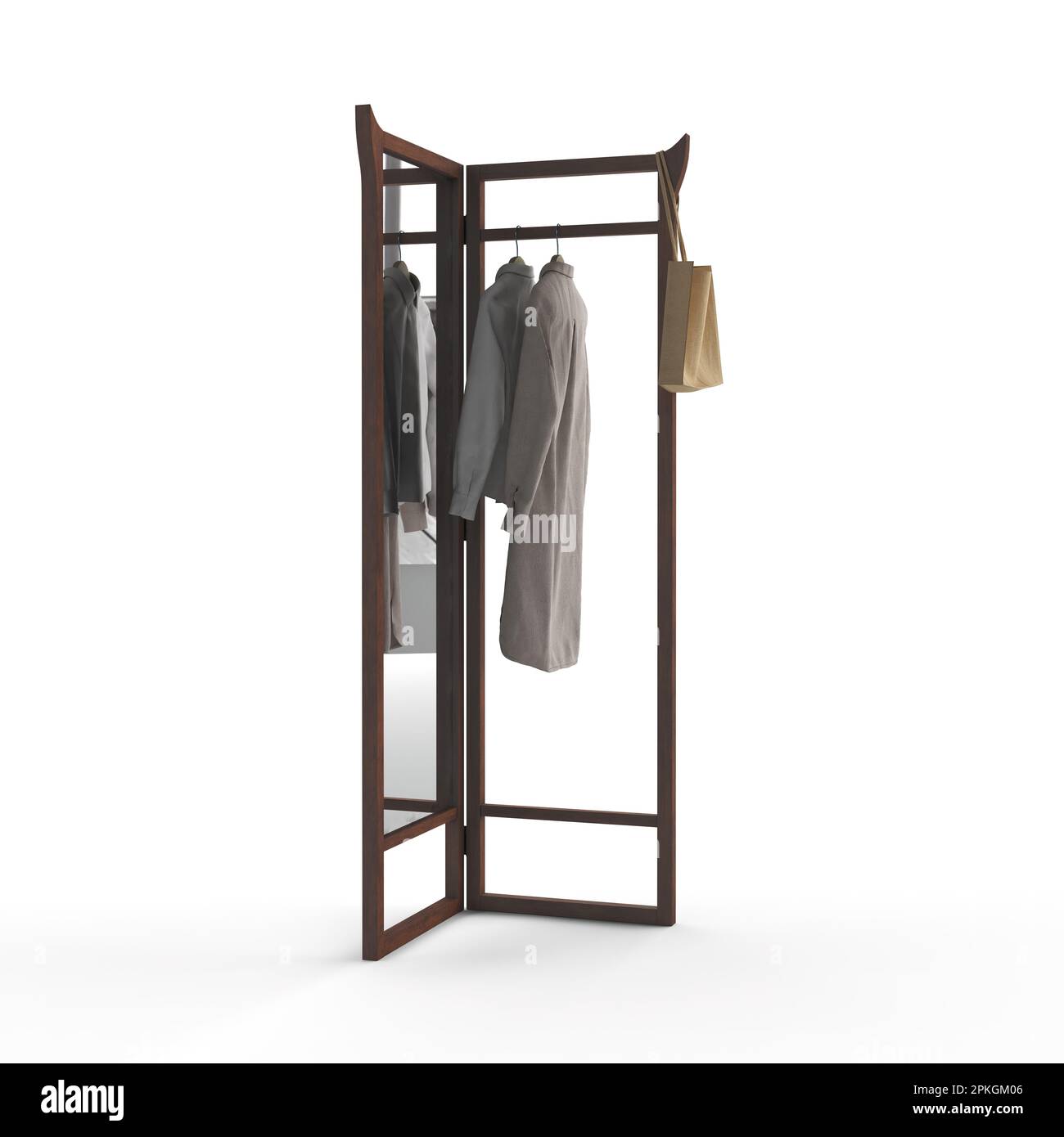 A freestanding coat rack with a coat and a shirt hanging from it, on a