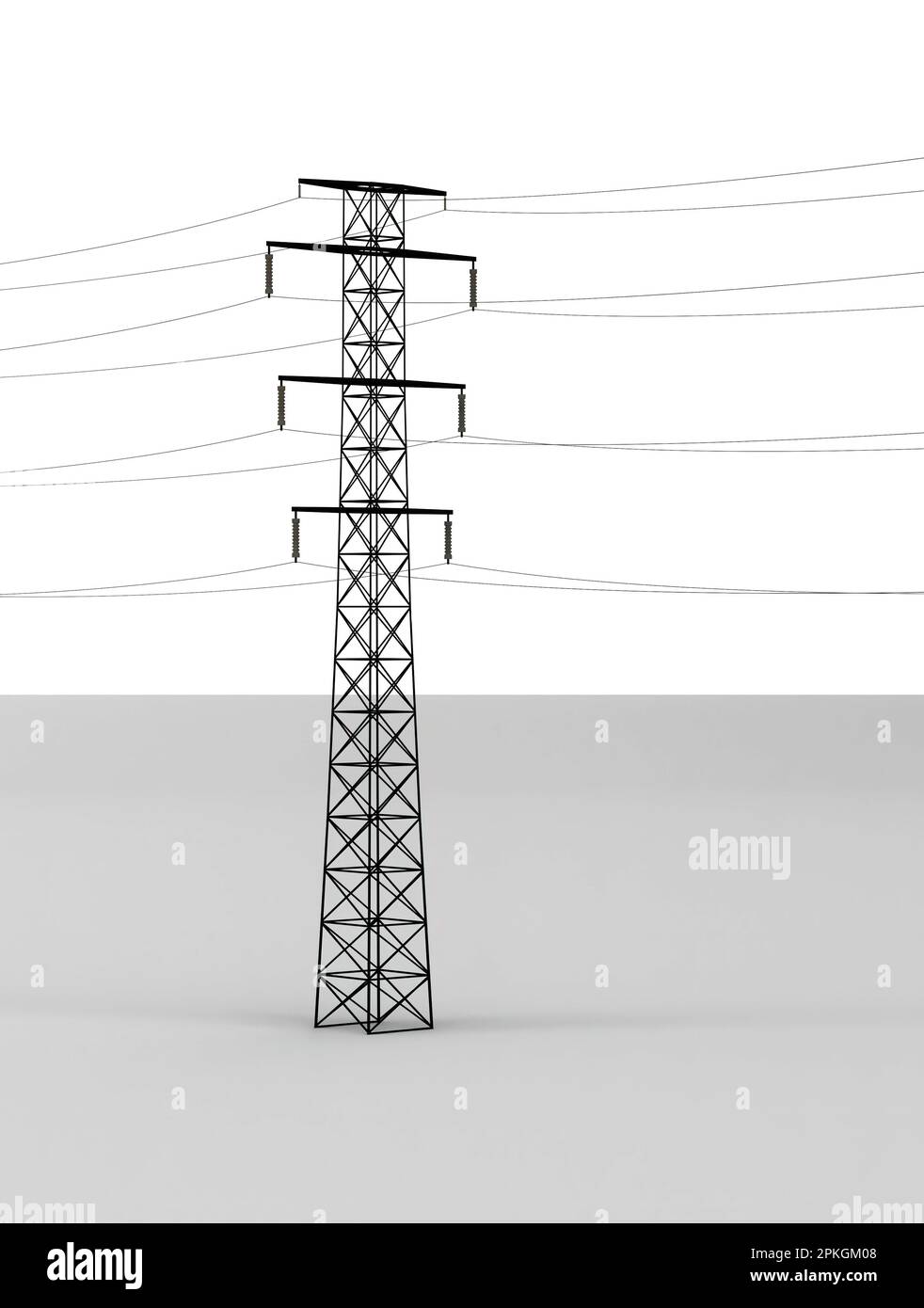 A 3D illustration of high voltage power lines against a white background, providing a modern and sleek visual for energy and electrical concepts Stock Photo